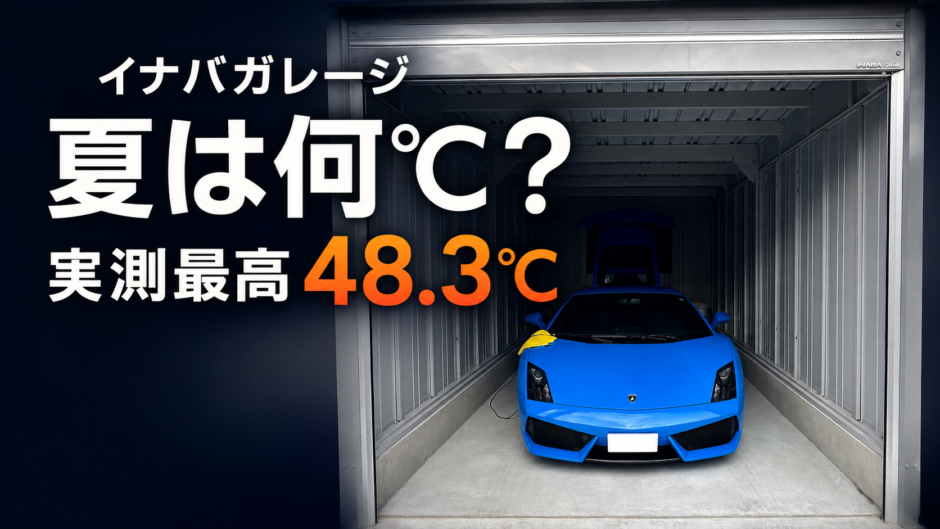 イナバガレージ内の青いランボルギーニ・ガヤルドと実測最高温度48.3℃